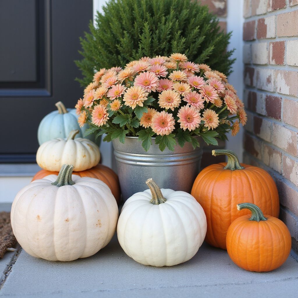 Three small pumpkins on a burlap runner, shades of peach and cream, against a brick wall.