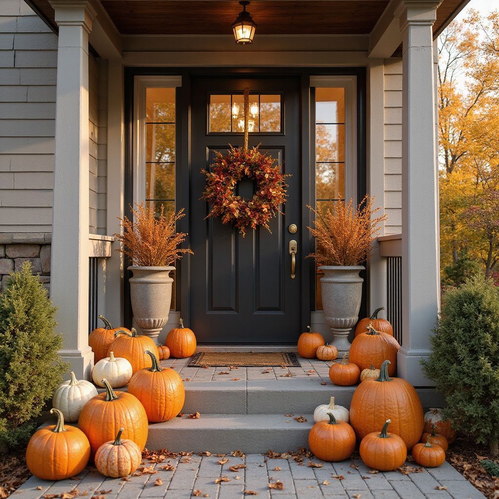 A front porch decorated with pumpkins, fall foliage, and a wreath. Dark door, stone steps, and golden hues.