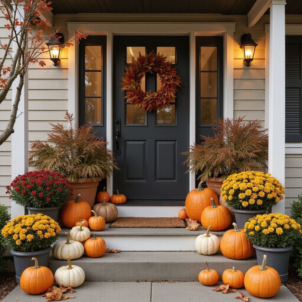 A fall-decorated porch with pumpkins, mums, and a wreath on a black front door.