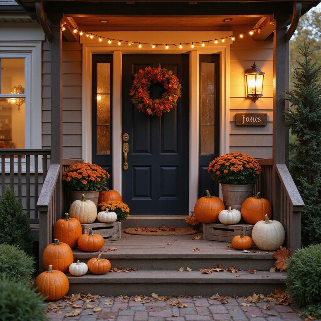 Fall-decorated porch with pumpkins, mums, wreath, and string lights.