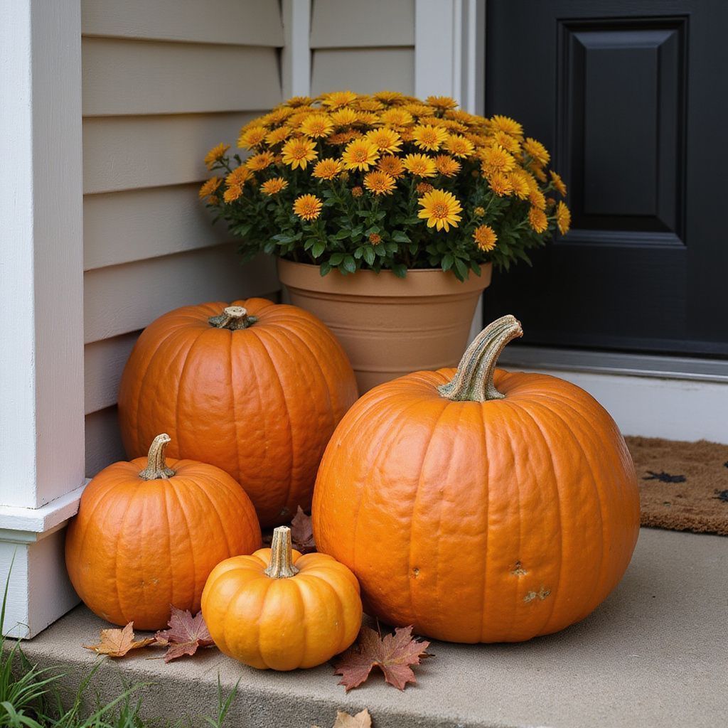 Pumpkins and yellow mums on a porch for fall.