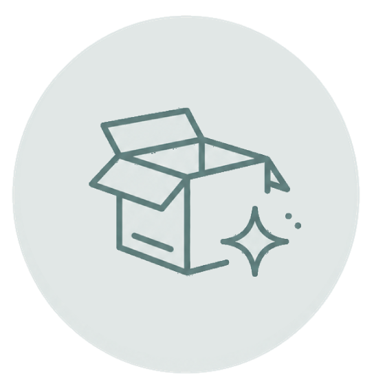 Outlined open box icon with sparkle on a pale gray circle background