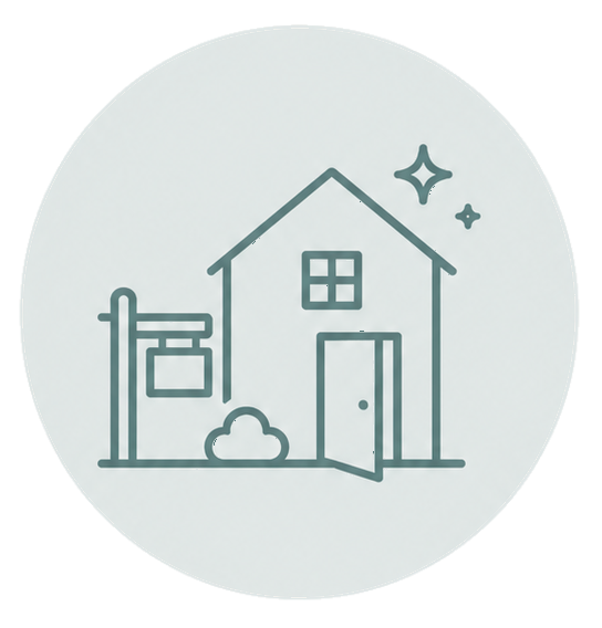 Minimal gray home icon with a window, door, and sparkle inside a pale circle.