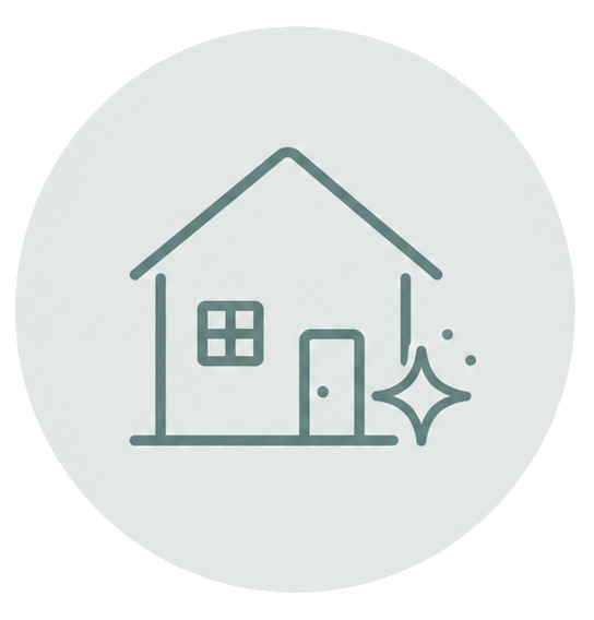 Minimal gray home icon with a window, door, and sparkle inside a pale circle.