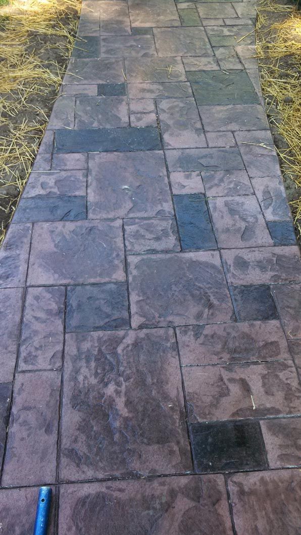 A concrete walkway with a hose on the side of it.