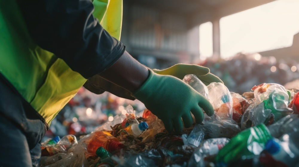 A person wearing green gloves is picking up plastic bottles from a pile of plastic bottles.