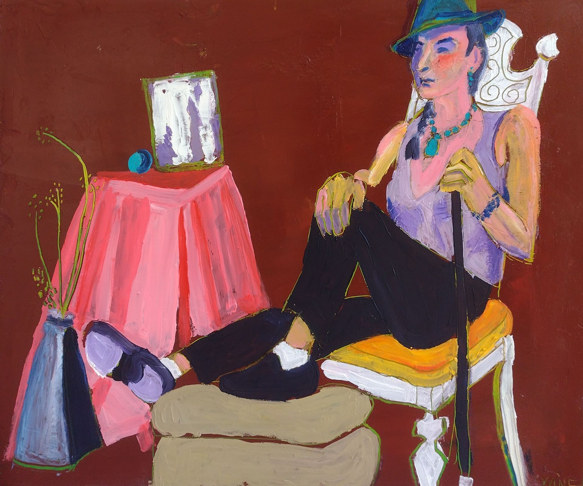 Woman in a hat and purple top sits, feet up, cane in hand. Red background, table with vase and photo.