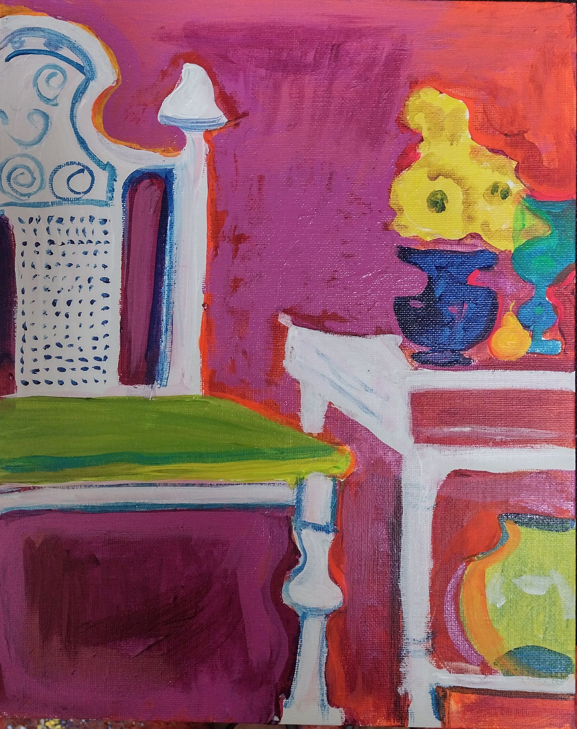 A colorful interior scene with a chair, table, vase of flowers, in shades of pink, green, blue, and yellow.