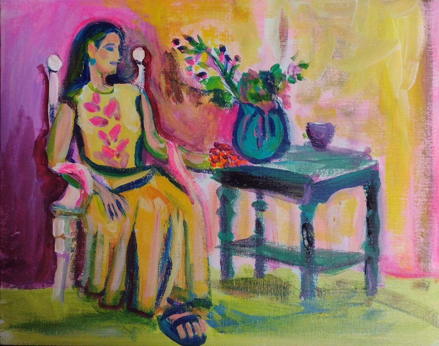Woman in yellow dress seated, looking left. Beside her, a table with flowers in a blue vase. Pink and yellow background.