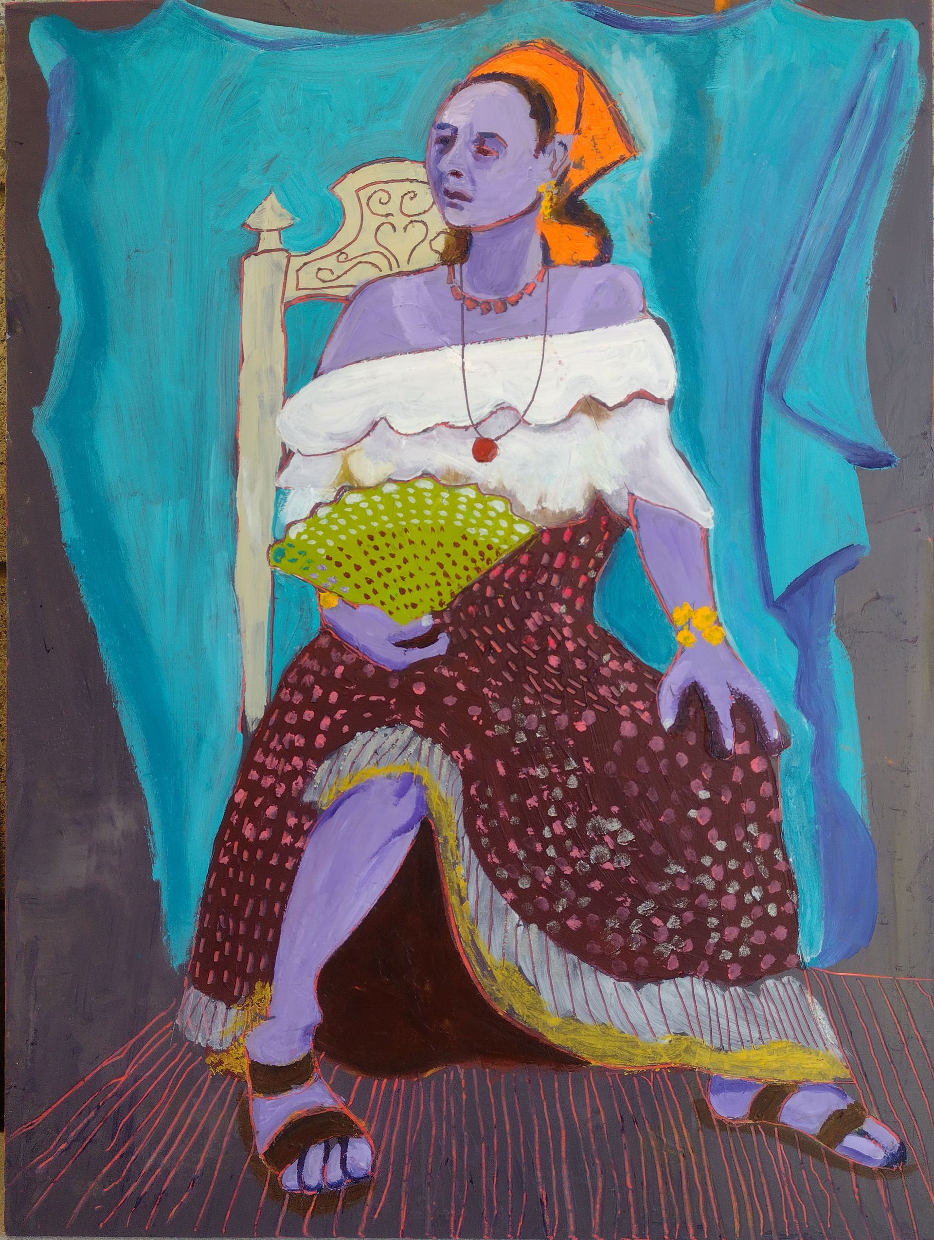 Woman in floral dress, purple skin, holding fan, seated with blue background.