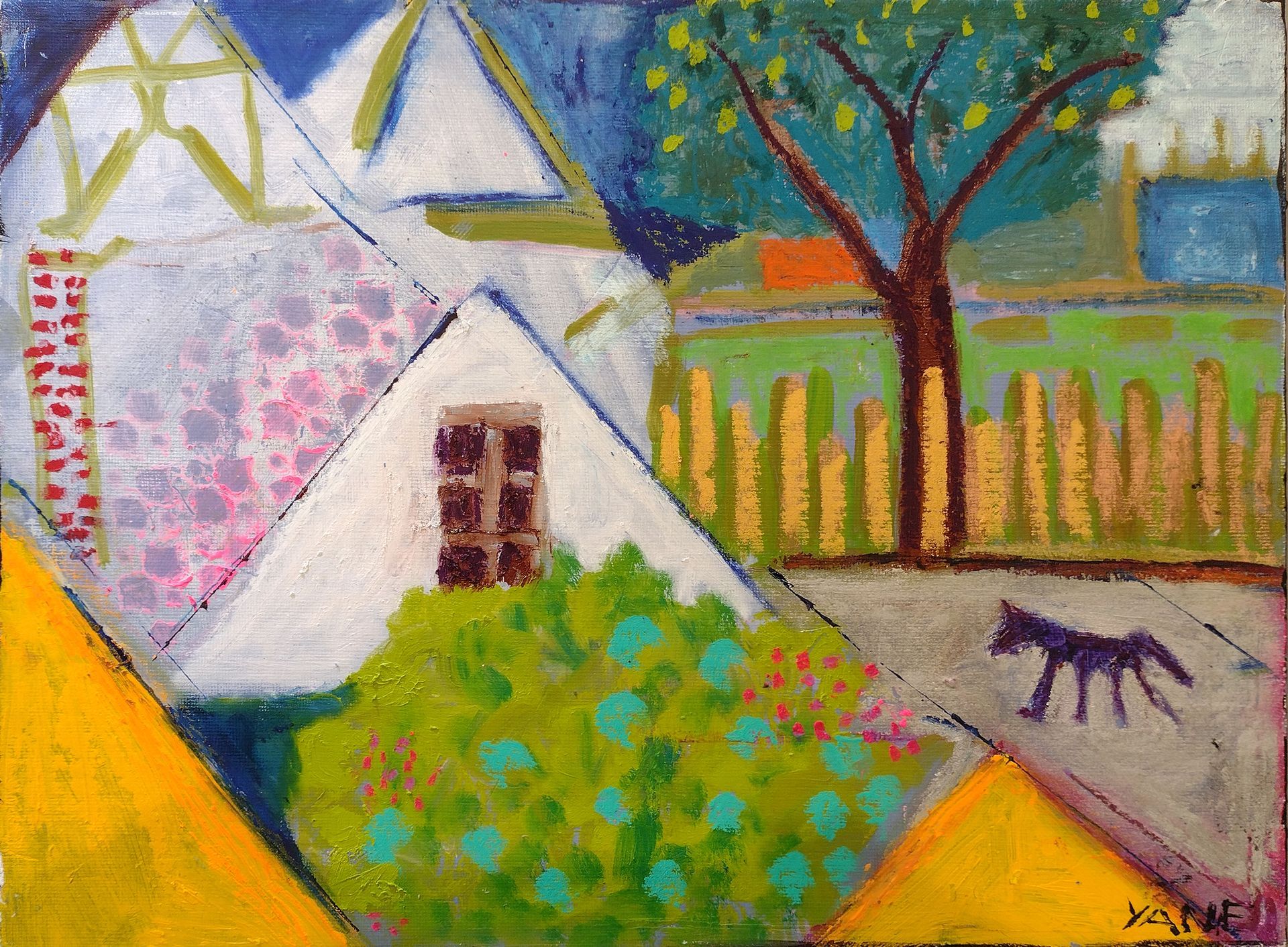 Houses with triangular roofs, tree, fence, and a dog on a path; colorful impressionist painting.