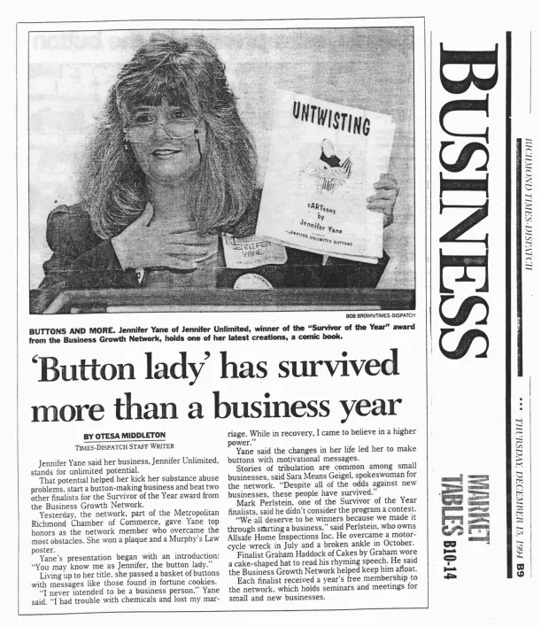 Jennifer LaRue holding a book titled “Untwisting.” Newspaper headline: “Button lady’ has survived more than a business year.”