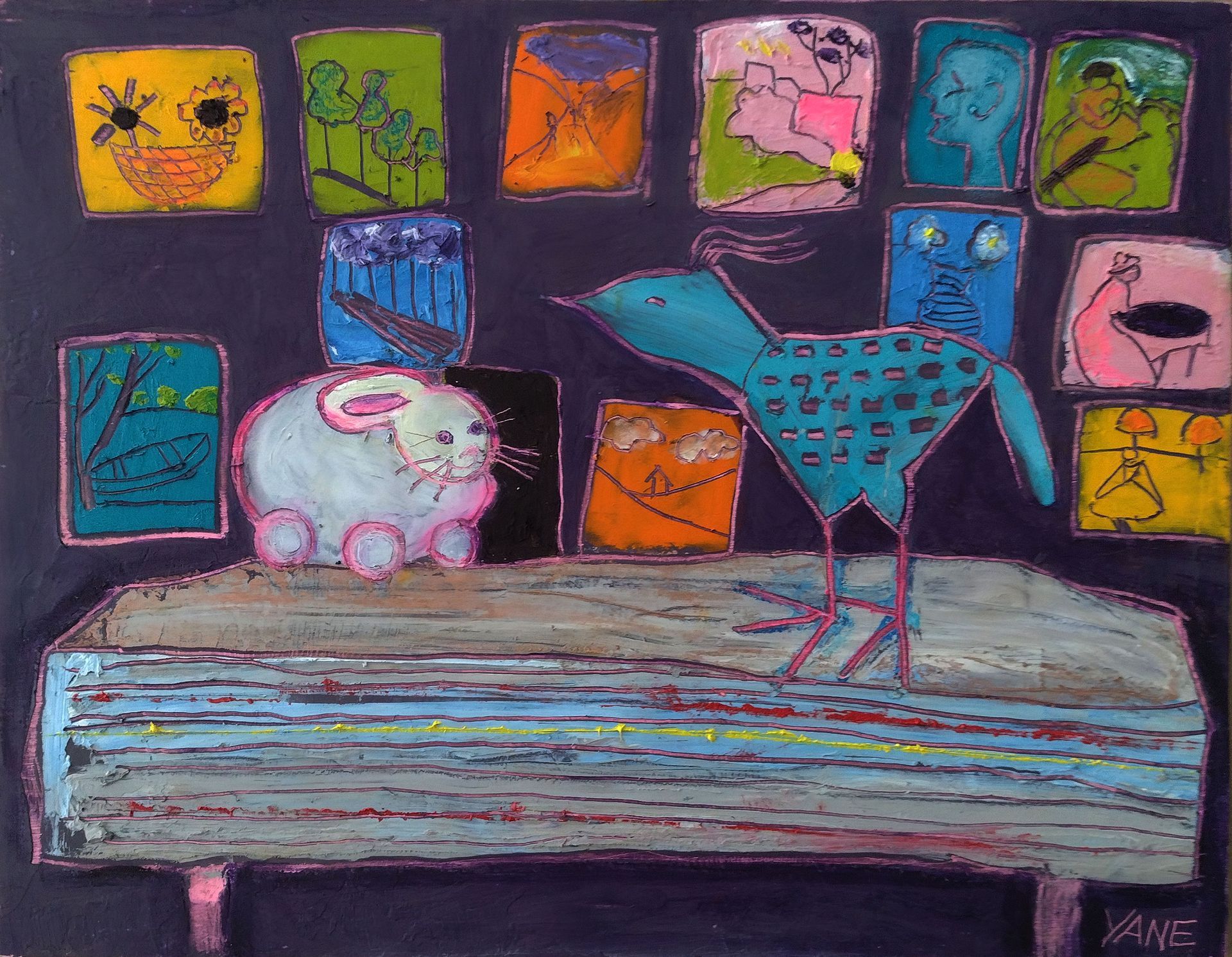 Whimsical painting: blue bird and white mouse on a blue ledge, surrounded by colorful, square images.
