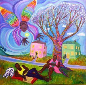 Angel watches over people relaxing under a flowering tree and near colorful houses on a sunny day.