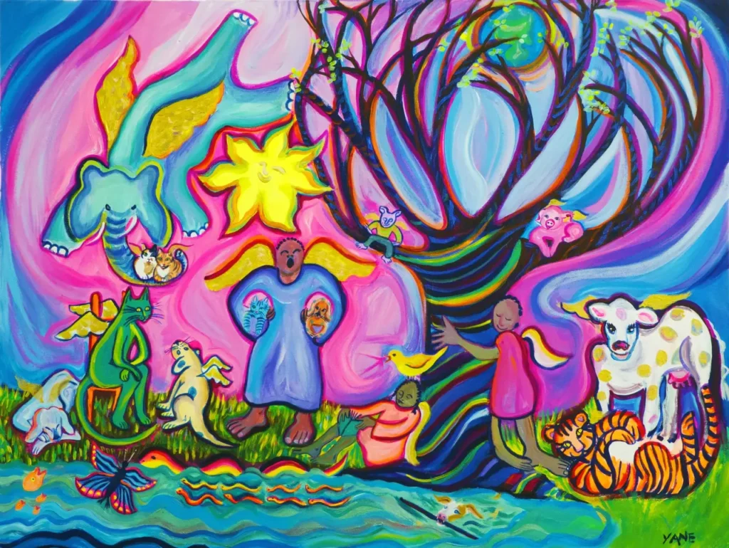Colorful surreal painting of figures, animals, and fantastical creatures in a vibrant dreamscape.