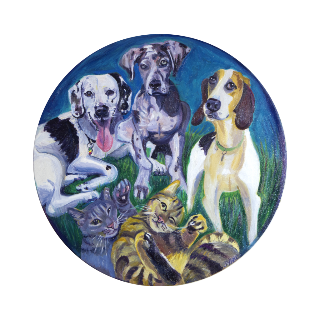 Five pets: Dalmatian, Great Dane, Beagle, and two cats. Blue background with grass.