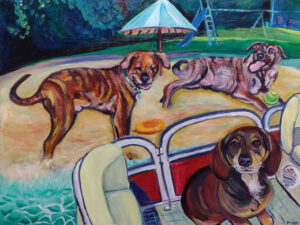 Three dogs in a yard: one standing, two lying down. A green umbrella and swing set in the background.