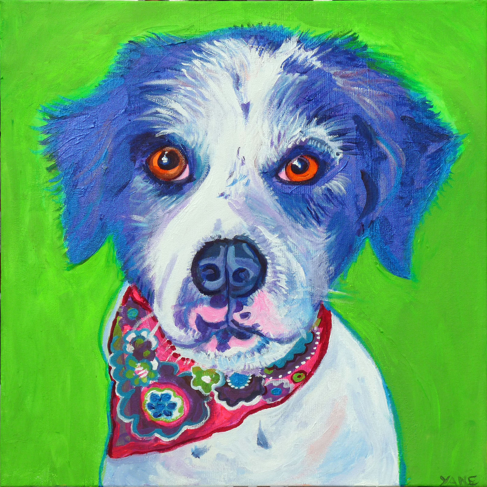 Dog with blue and white fur, orange eyes, and a patterned red bandana against a green background.