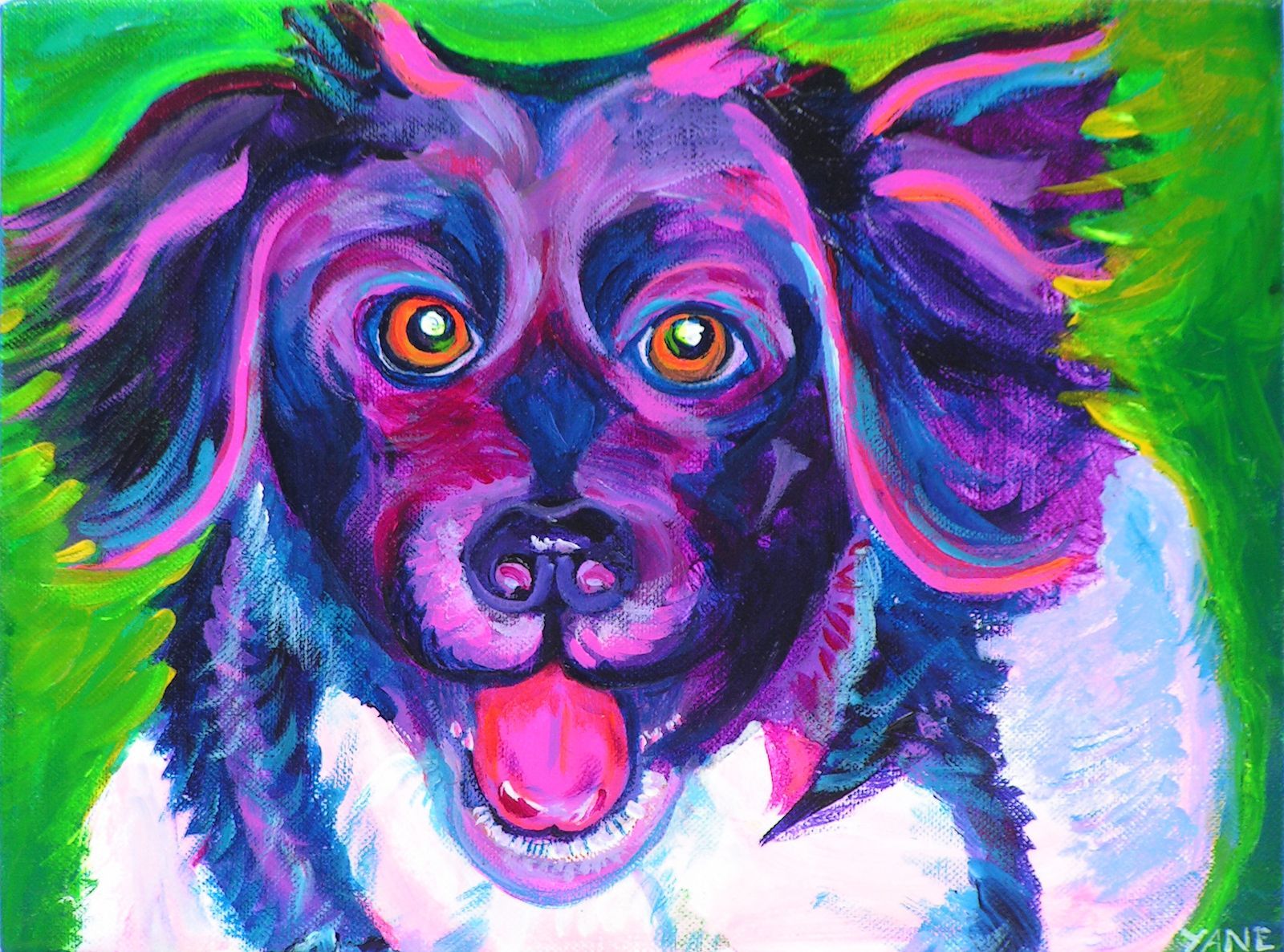 Colorful painting of a dog with a pink tongue, in shades of purple, blue, and white, set against a green background.
