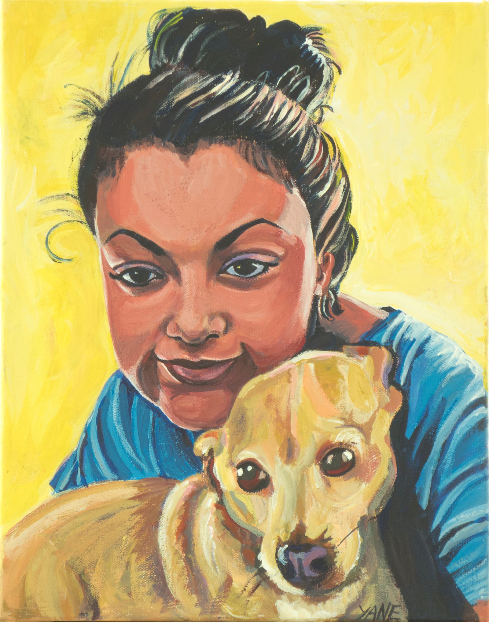 Woman smiles, embraces a small tan dog. Both are lit with yellow light.