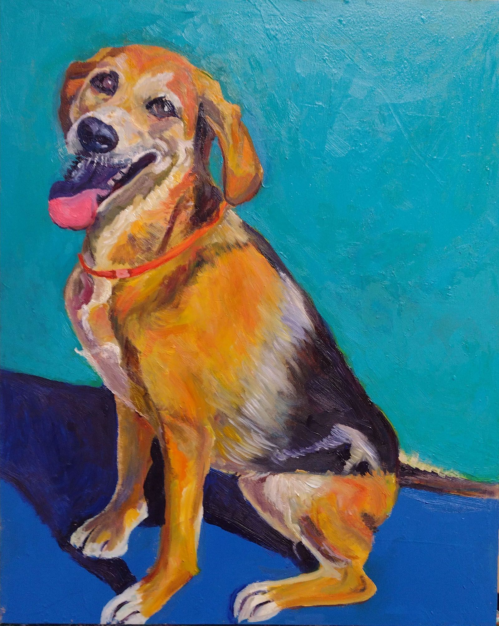 Oil painting of a smiling dog with brown and black fur, red collar, and pink tongue against a teal background.