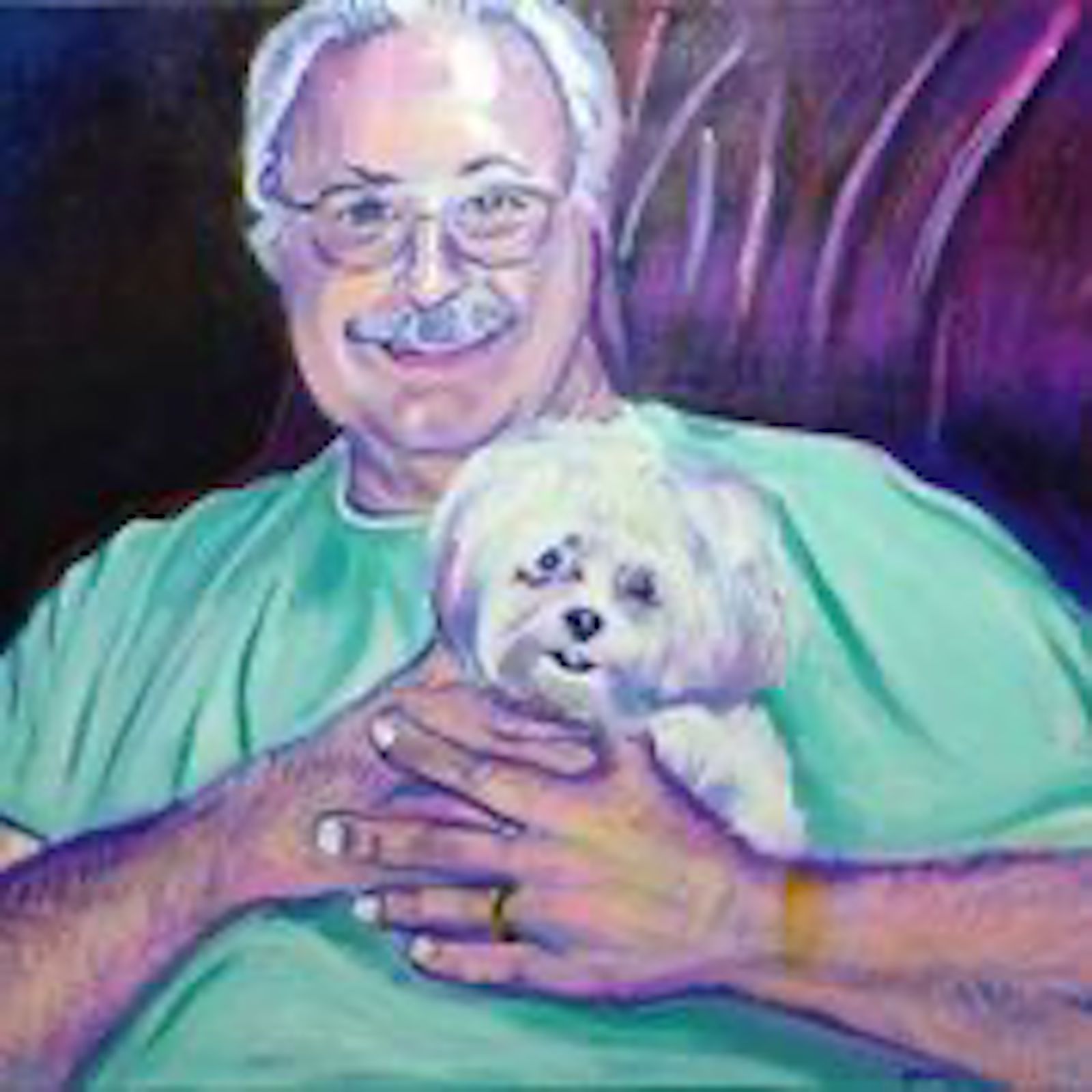 Man with glasses and white hair smiles, holding a fluffy white dog; wearing a green shirt.