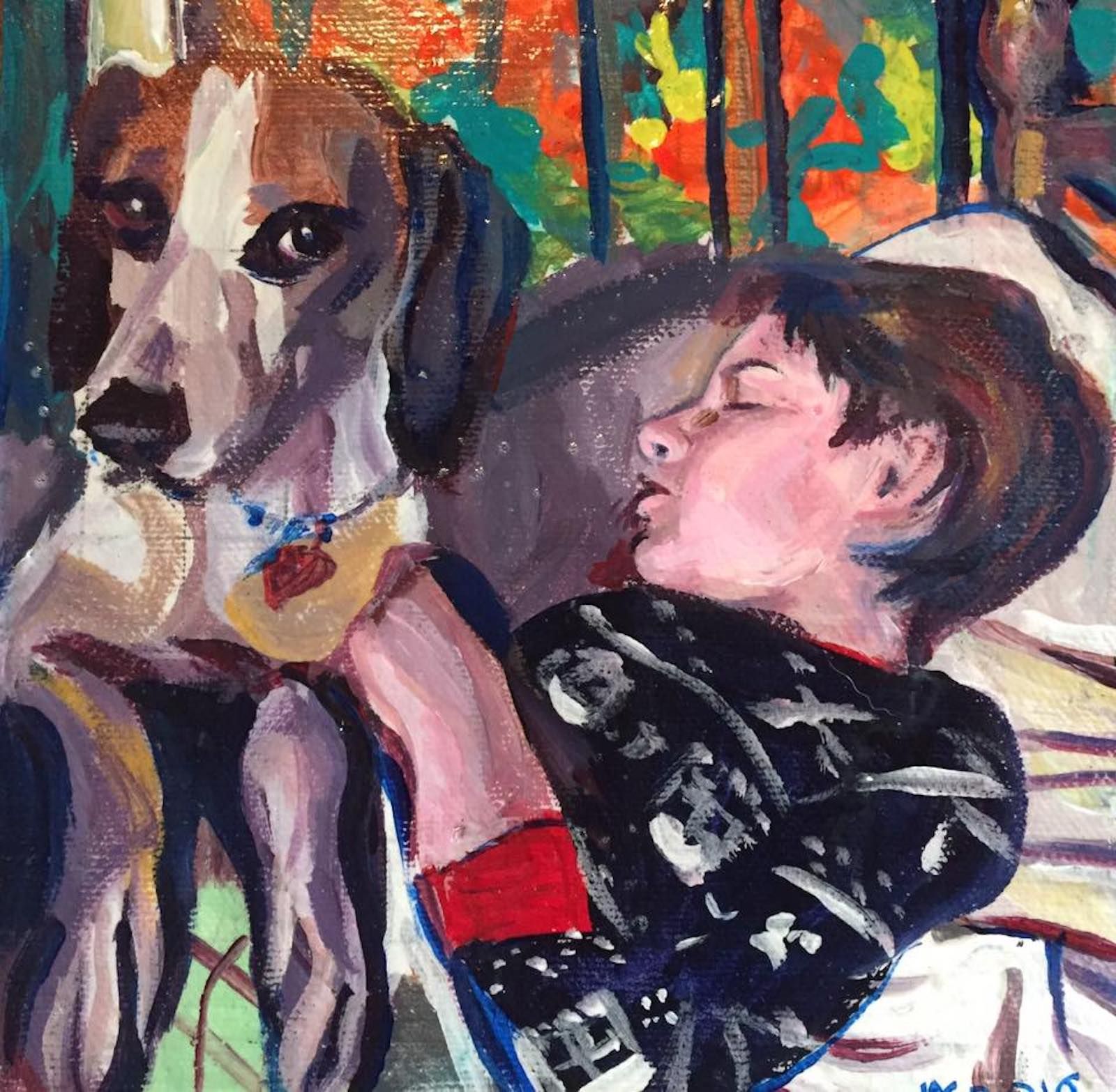 A child asleep next to a dog, both with concerned expressions. Child wears black patterned pajamas, dog has a collar.