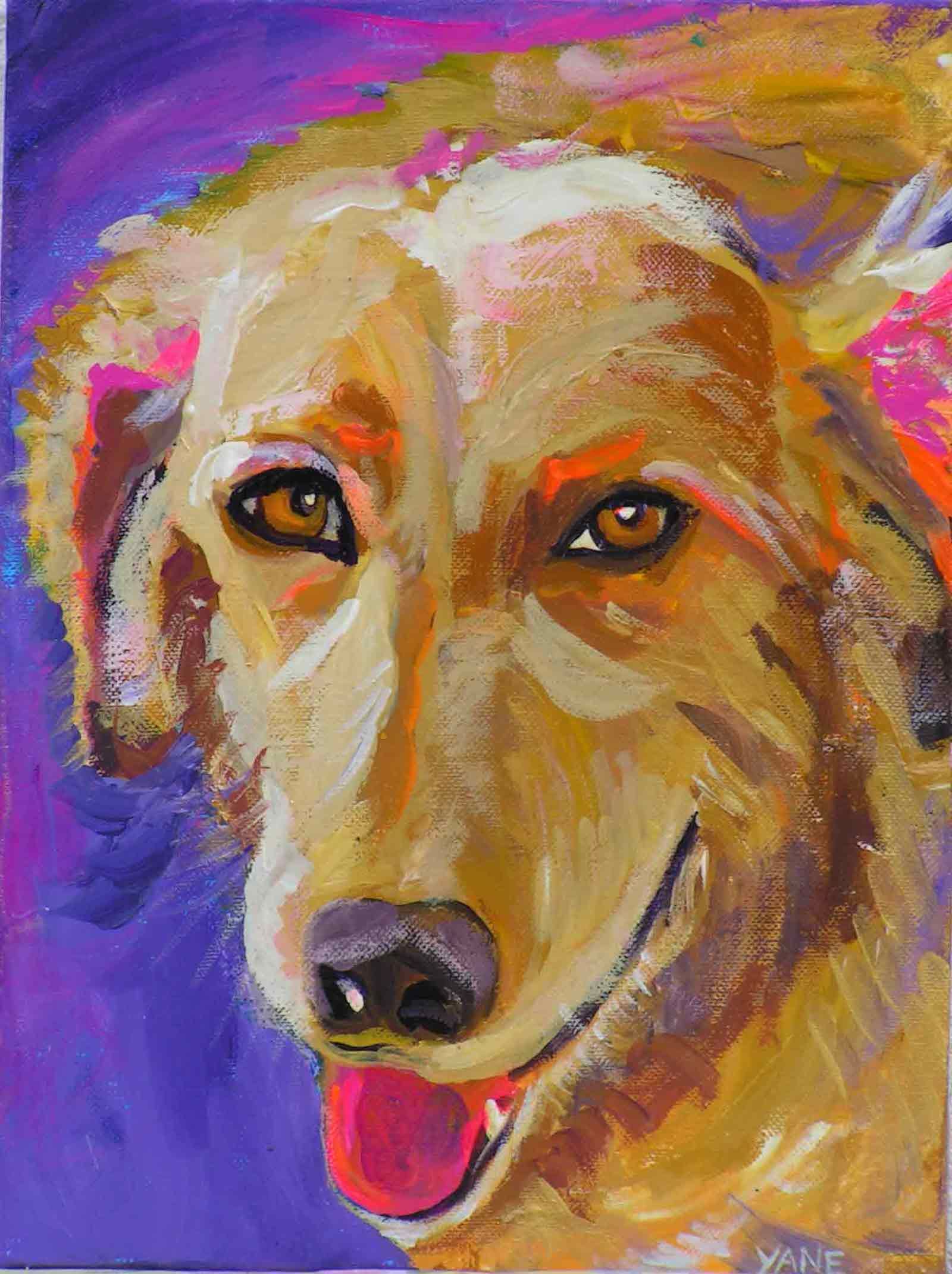 Golden-brown dog portrait with a purple background, smiling with pink tongue.