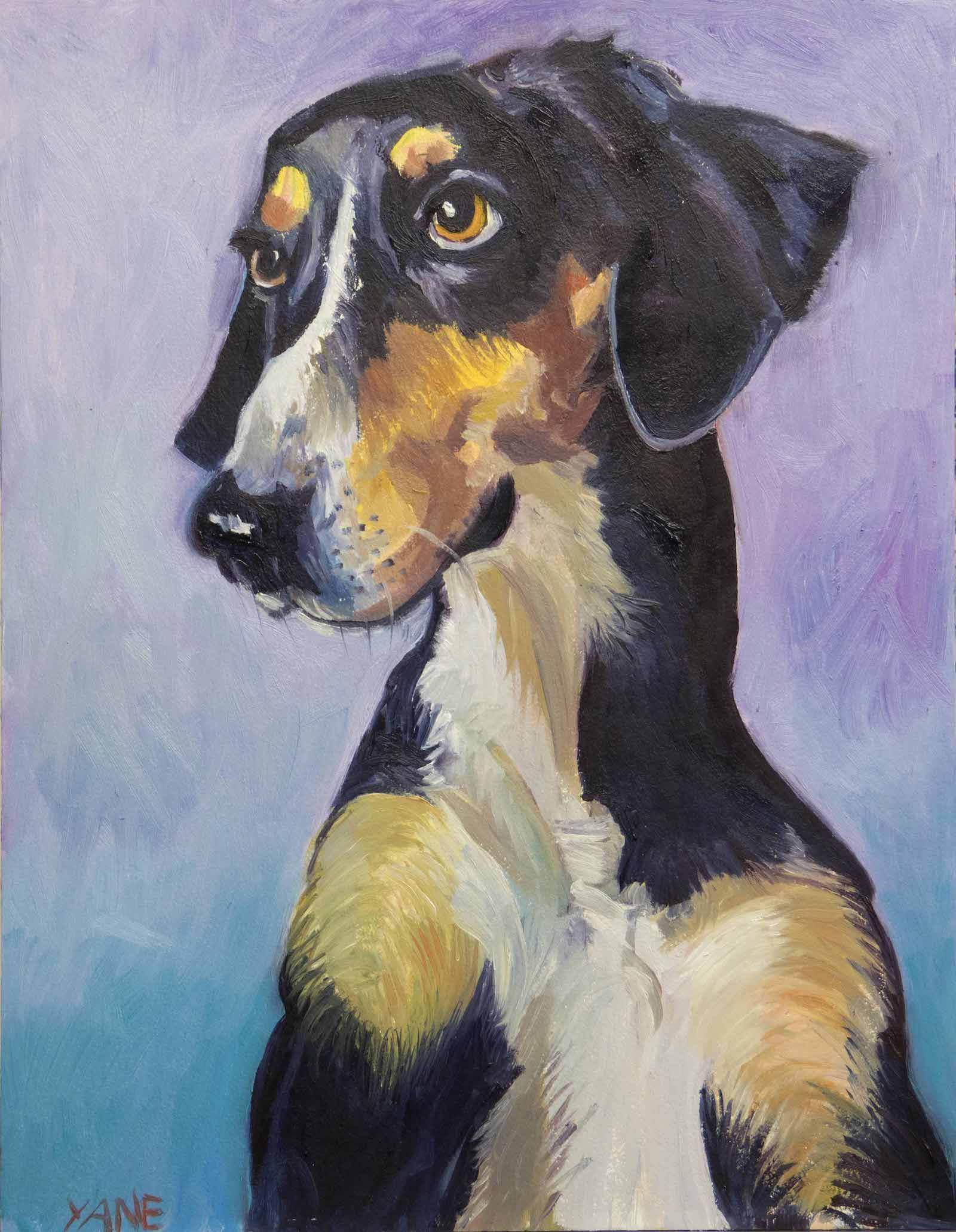 Oil painting of a dog with black, tan, and white fur against a purple and blue background.