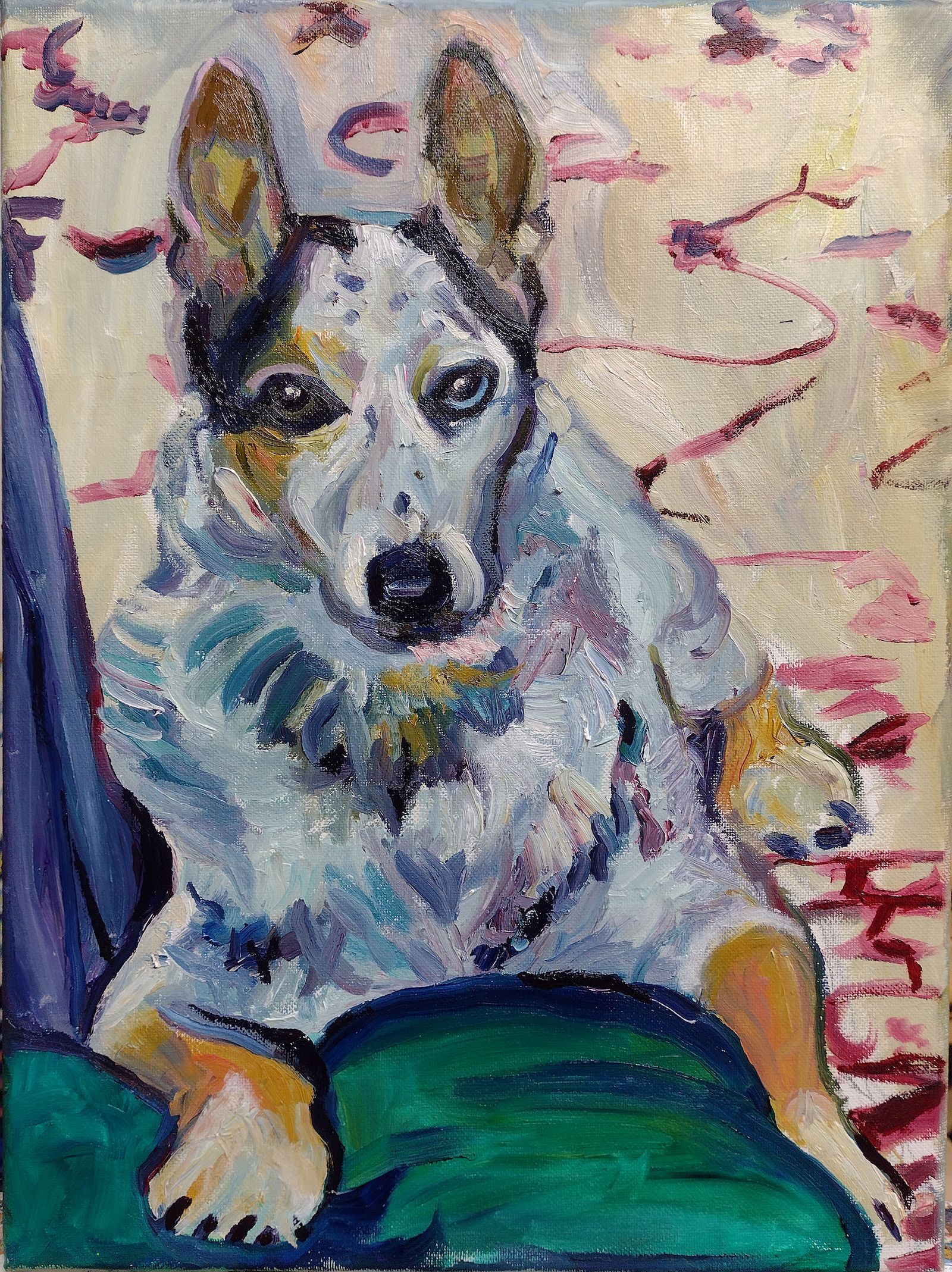 Blue heeler dog portrait, painted with textured brushstrokes. Dog is blue, white, and brown, seated with head tilted.