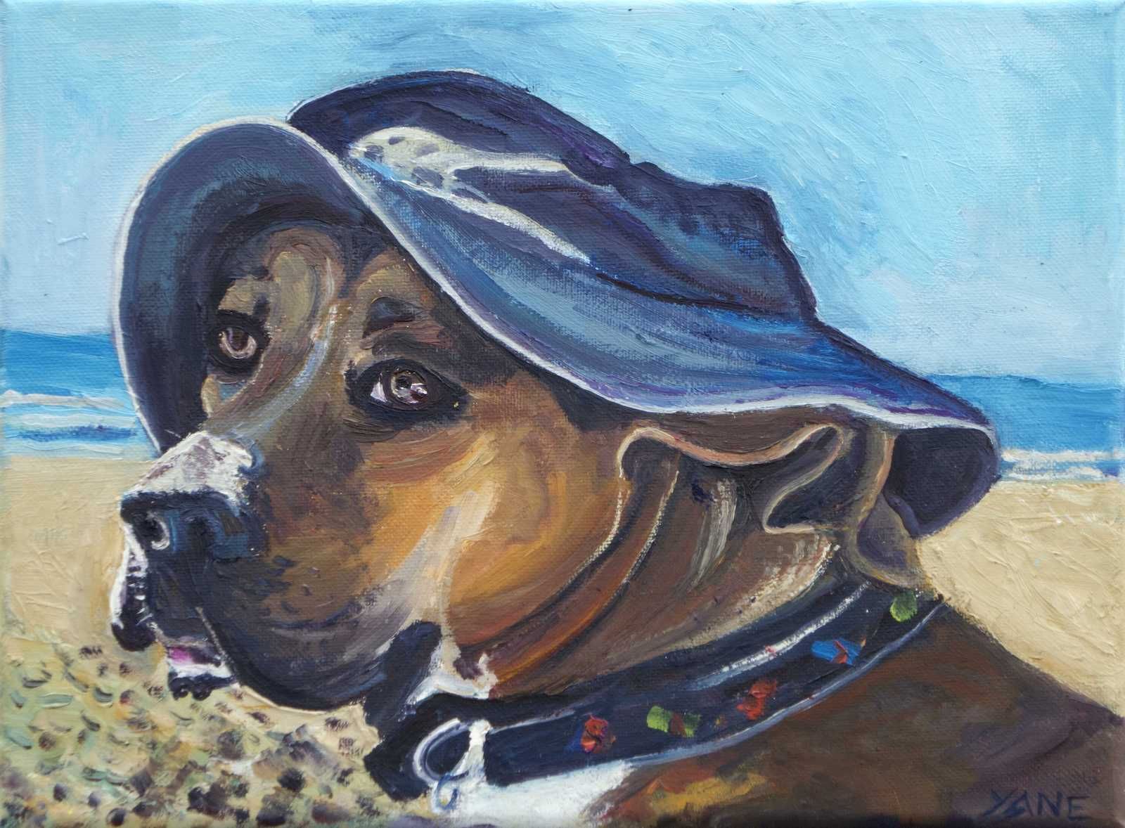 Dog wearing a blue hat on a beach, brown and white fur, looking left.