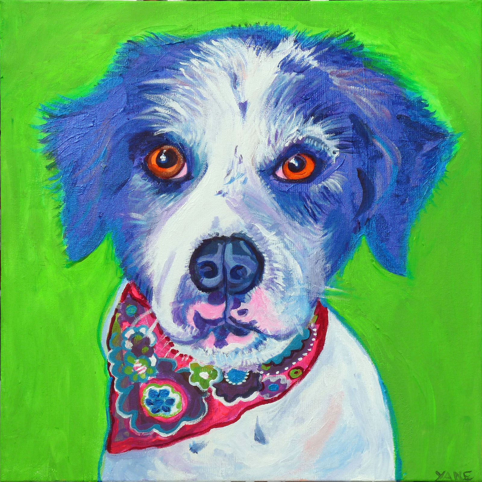 Dog with blue fur, white face, orange eyes, wearing a bandana, set against a green background.