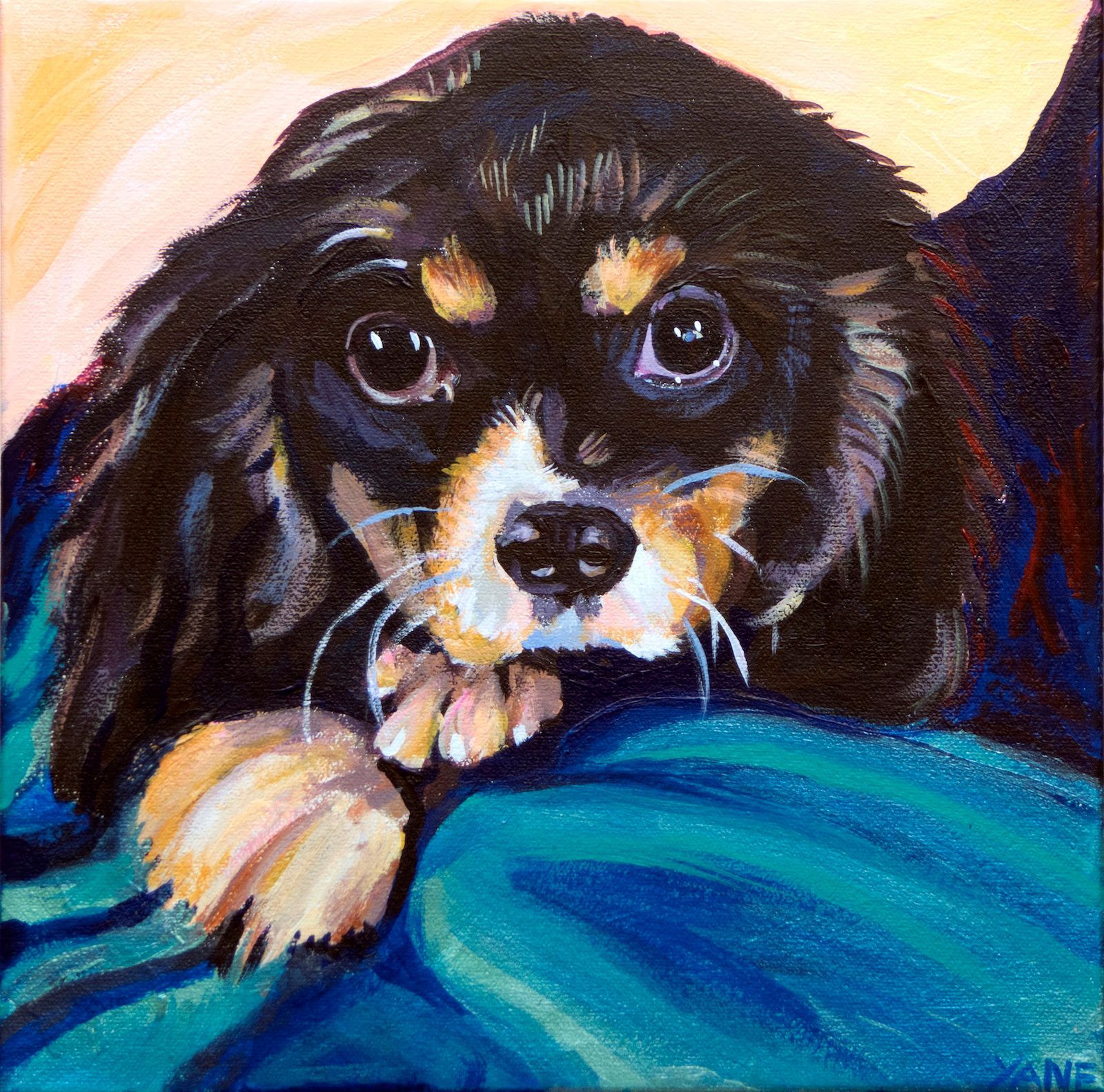 A small, black and tan Cavalier King Charles Spaniel puppy with a pleading expression, resting on a turquoise blanket.