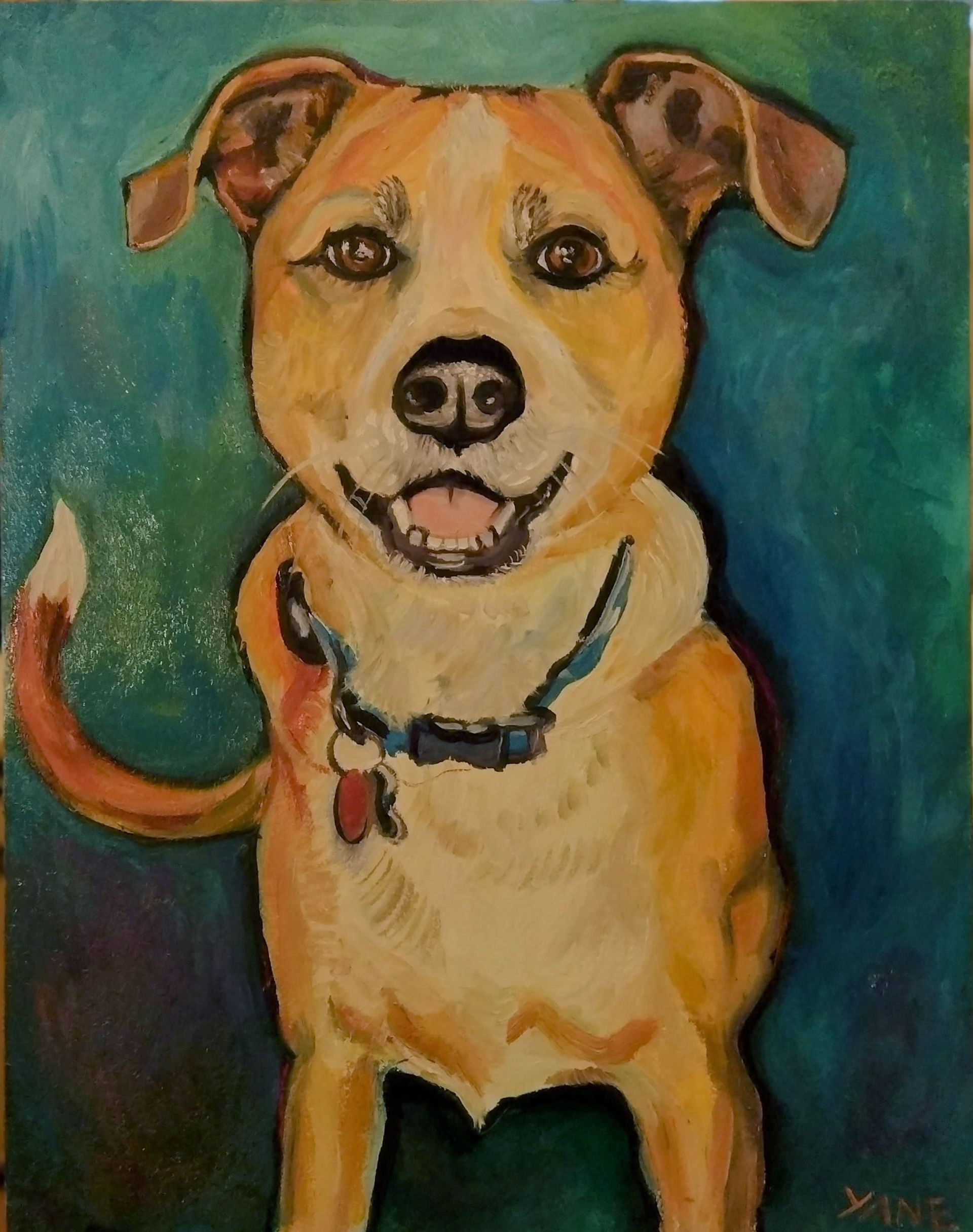 Smiling, light-brown dog with floppy ears, wearing a blue collar and tags, stands against a teal and green background.