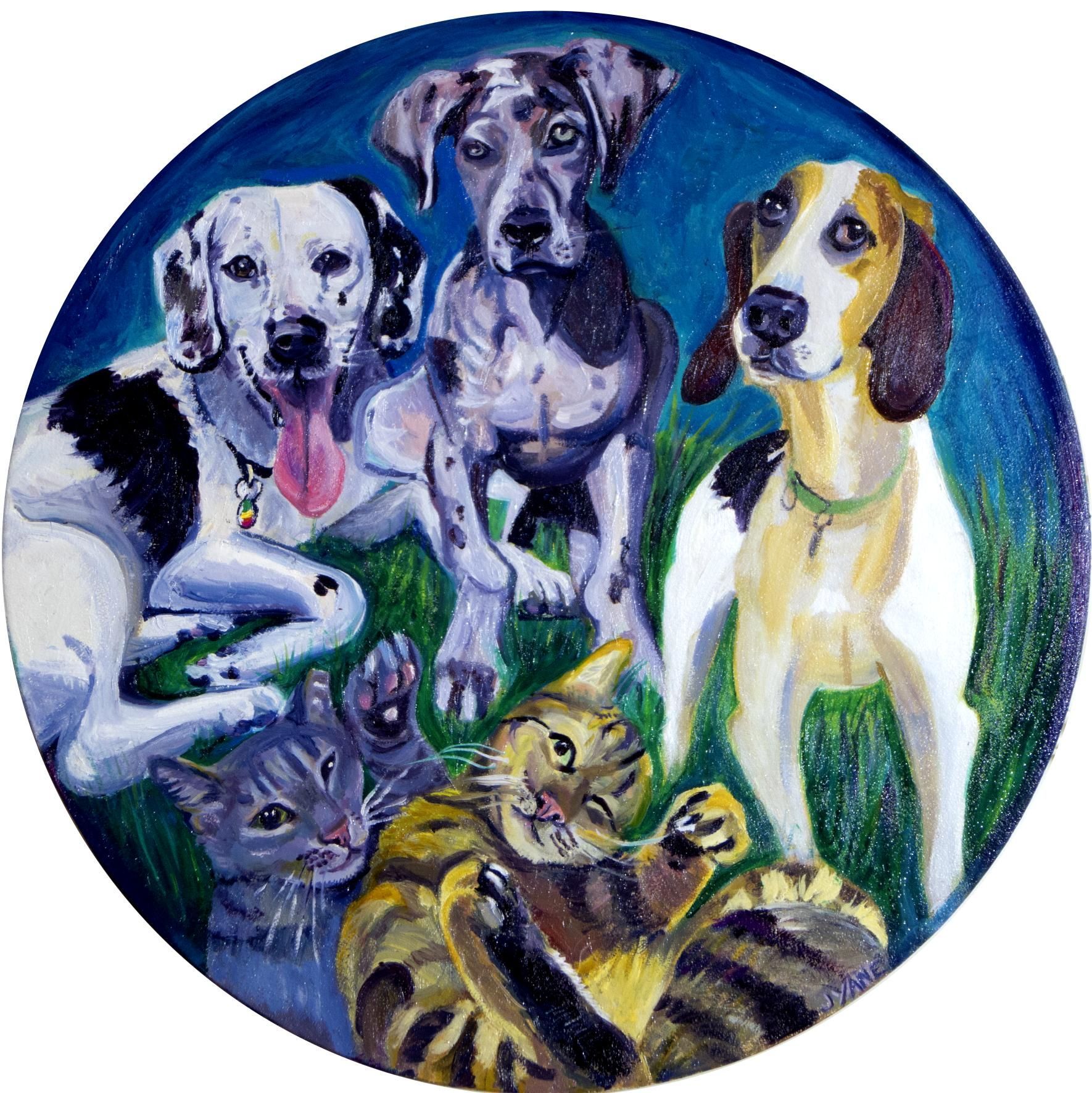 Five pets: two cats and three dogs. The animals are grouped together. One cat is playfully pouncing.