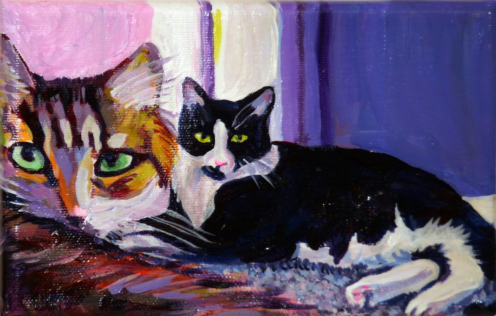 Two cats, one tabby and one tuxedo, rest together.