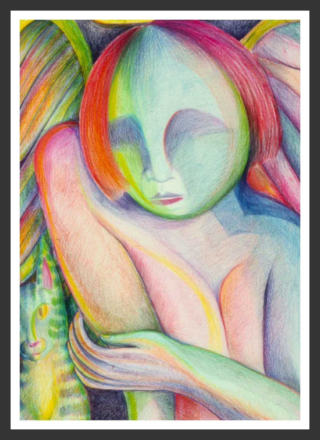 A colorful, stylized person with green skin and red hair embraces themself, set against a dark background.