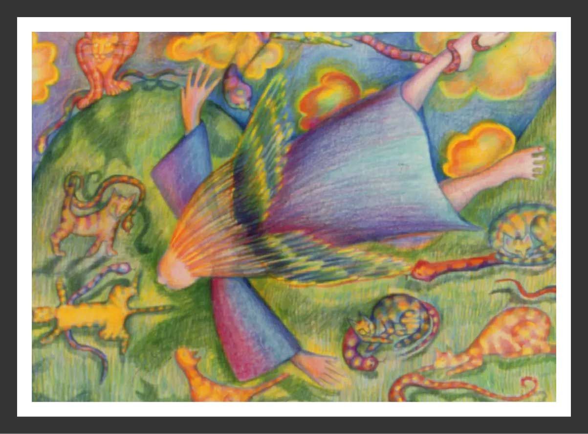 Colorful illustration of a figure floating amidst cats and clouds; vibrant hues of blue, orange, and green.