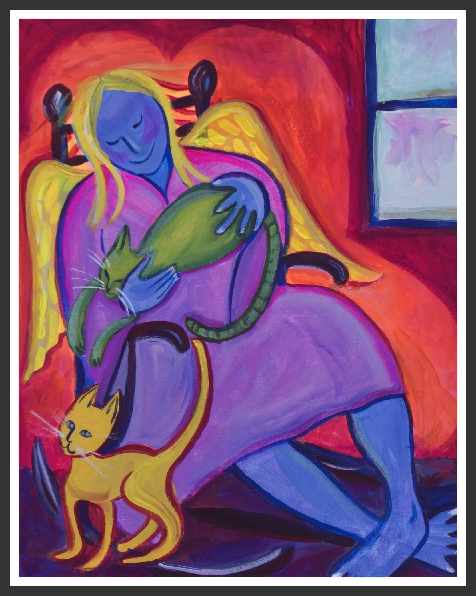 An angel-like figure in a rocking chair cradles a green cat, with a yellow cat at her feet; a red backdrop.