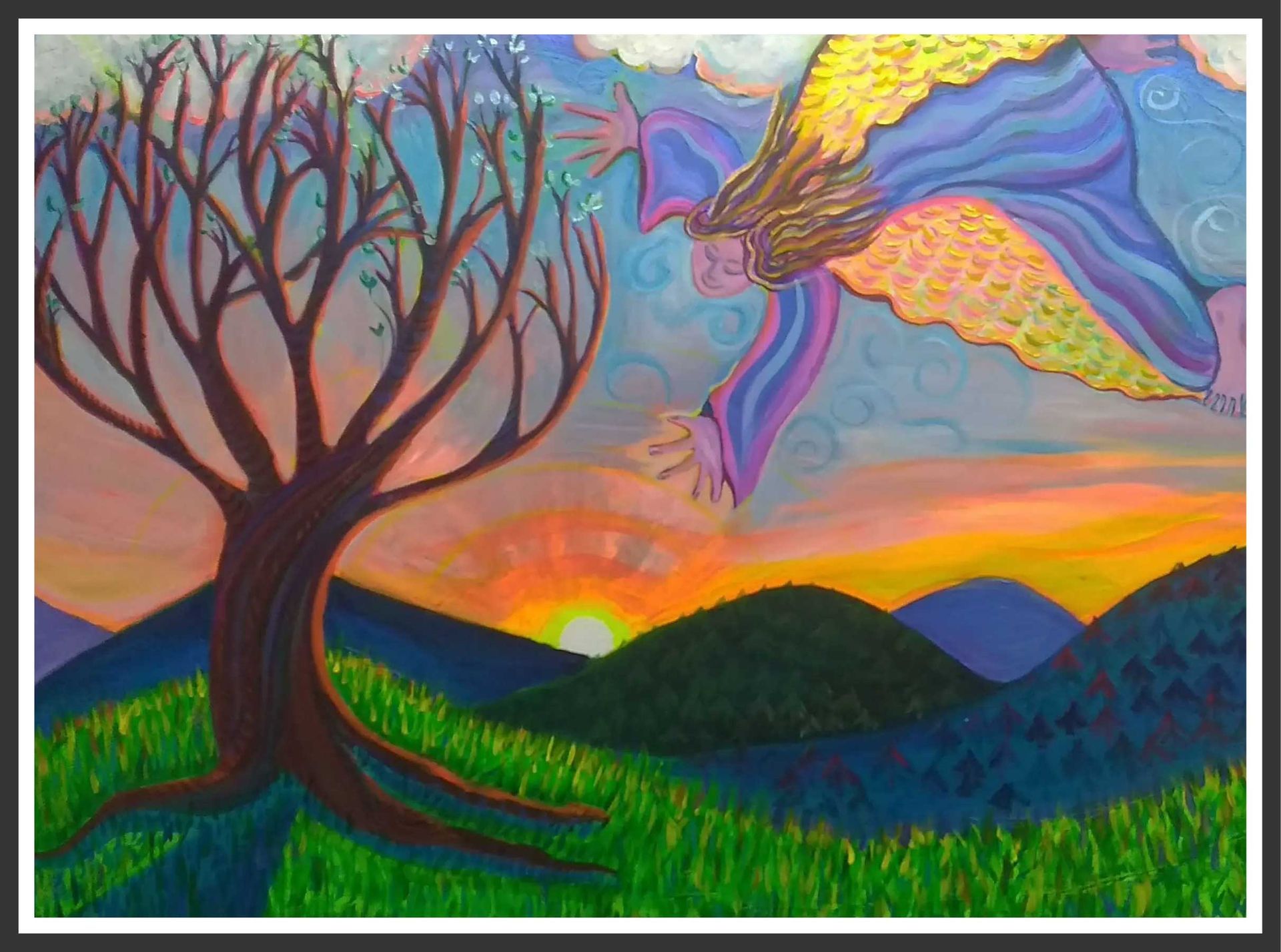 Angel reaching towards tree at sunset over rolling hills.