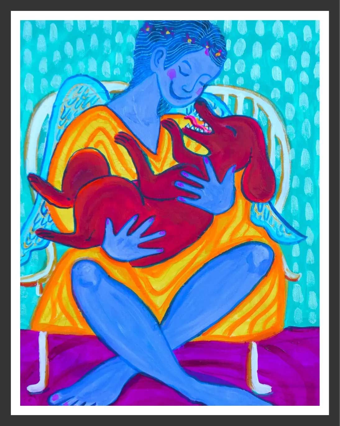 Blue angel hugs a red dog, both smiling. Turquoise background, yellow dress, sitting on a chair.