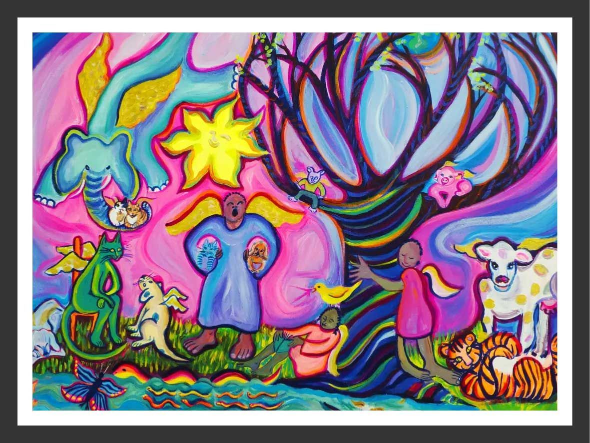 Whimsical, colorful painting with figures, animals, and a bright sun in a fantastical setting.