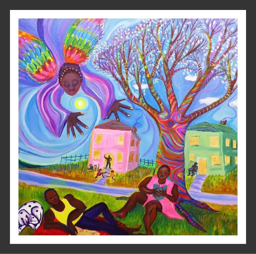 Colorful painting: angel watches over a couple, houses, and a vibrant tree in a sunny, idyllic setting.