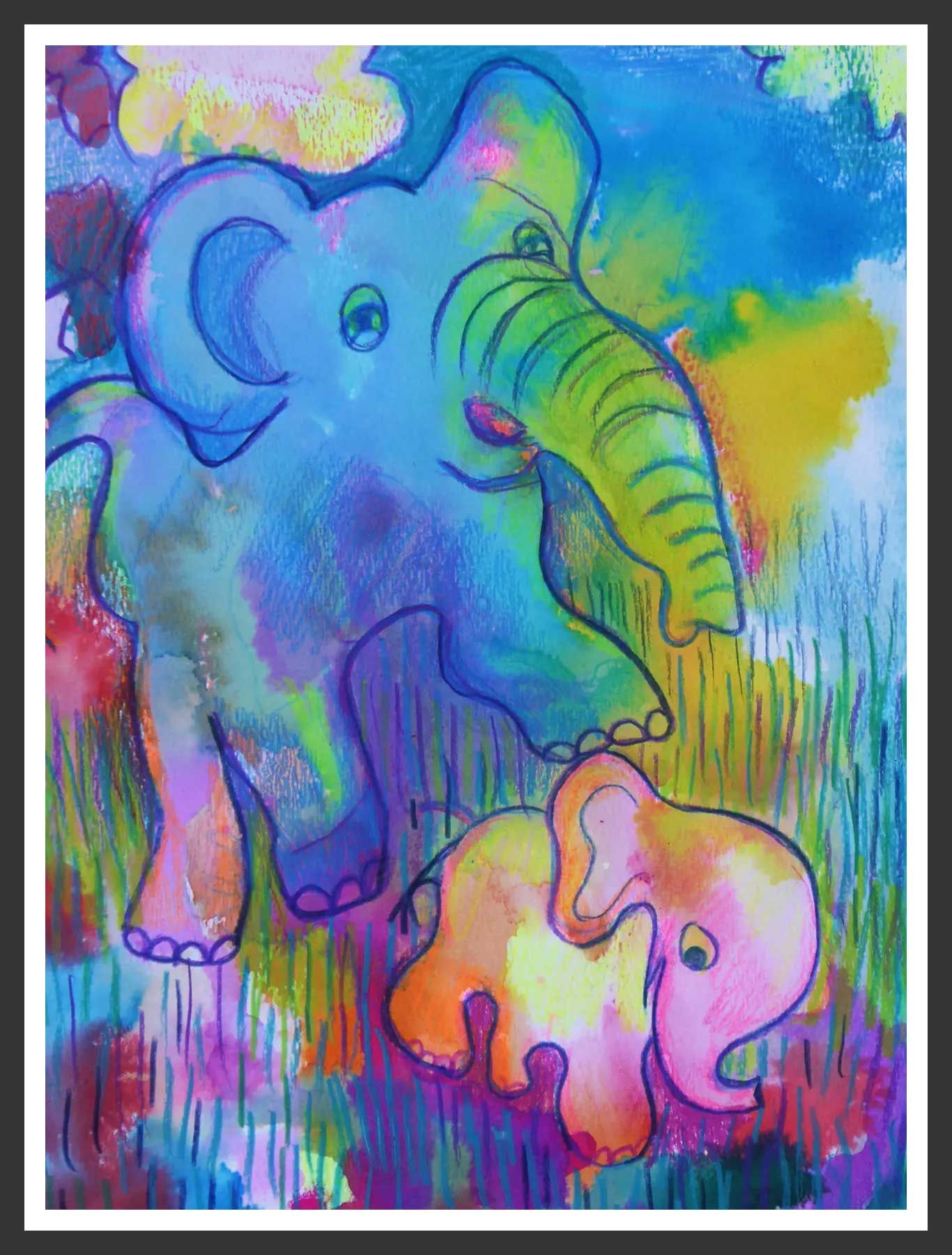 Two colorful elephants, a large blue one and a smaller orange one, in a watercolor style, surrounded by vibrant colors.
