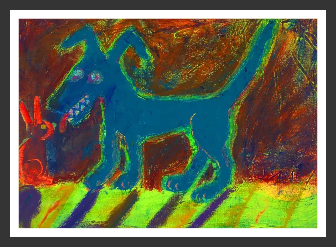 Blue dog with a red bunny in its mouth, standing on green-striped ground; dark brown and orange background.