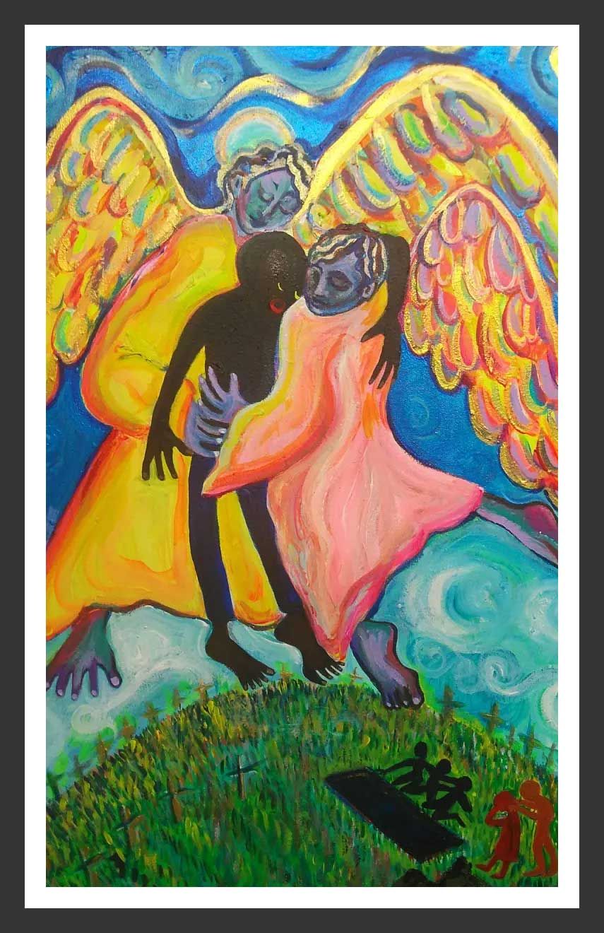 Angel embraces couple over graves; bright colors, blue sky, yellow and pink robes.