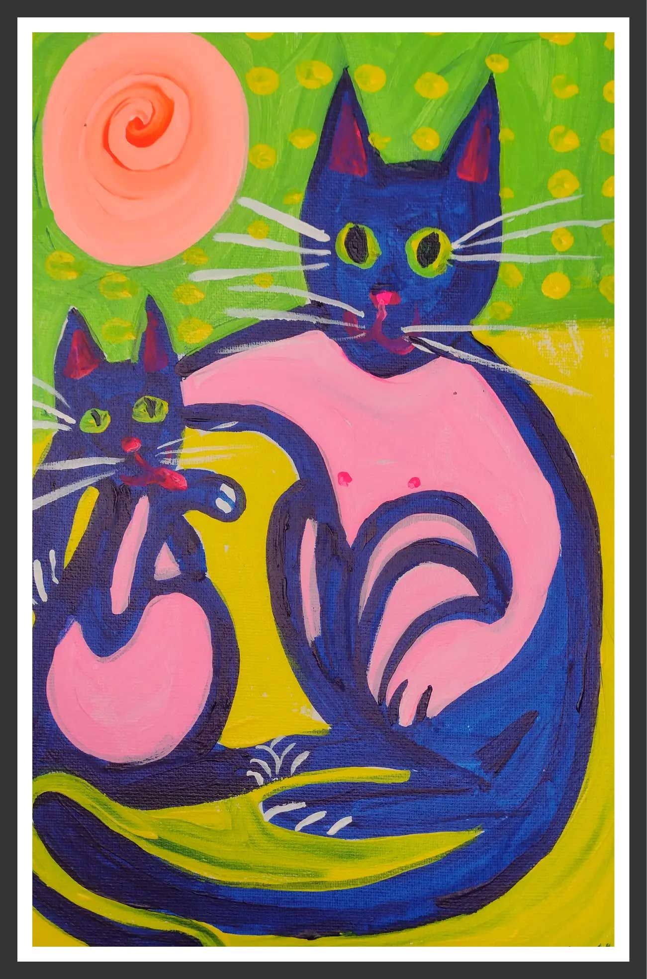 Two stylized blue cats with pink markings; a small one and a larger one together, with a peach sun and green background.