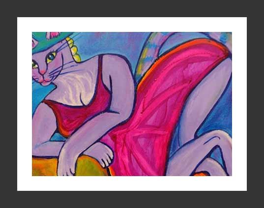 Cat in red dress, wearing a hat, lounging. Vibrant colors: pink, blue, purple, and green.