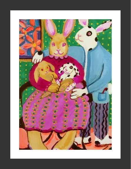 Rabbit family portrait: mother in pink dress with two children, father in blue jacket, colorful background.