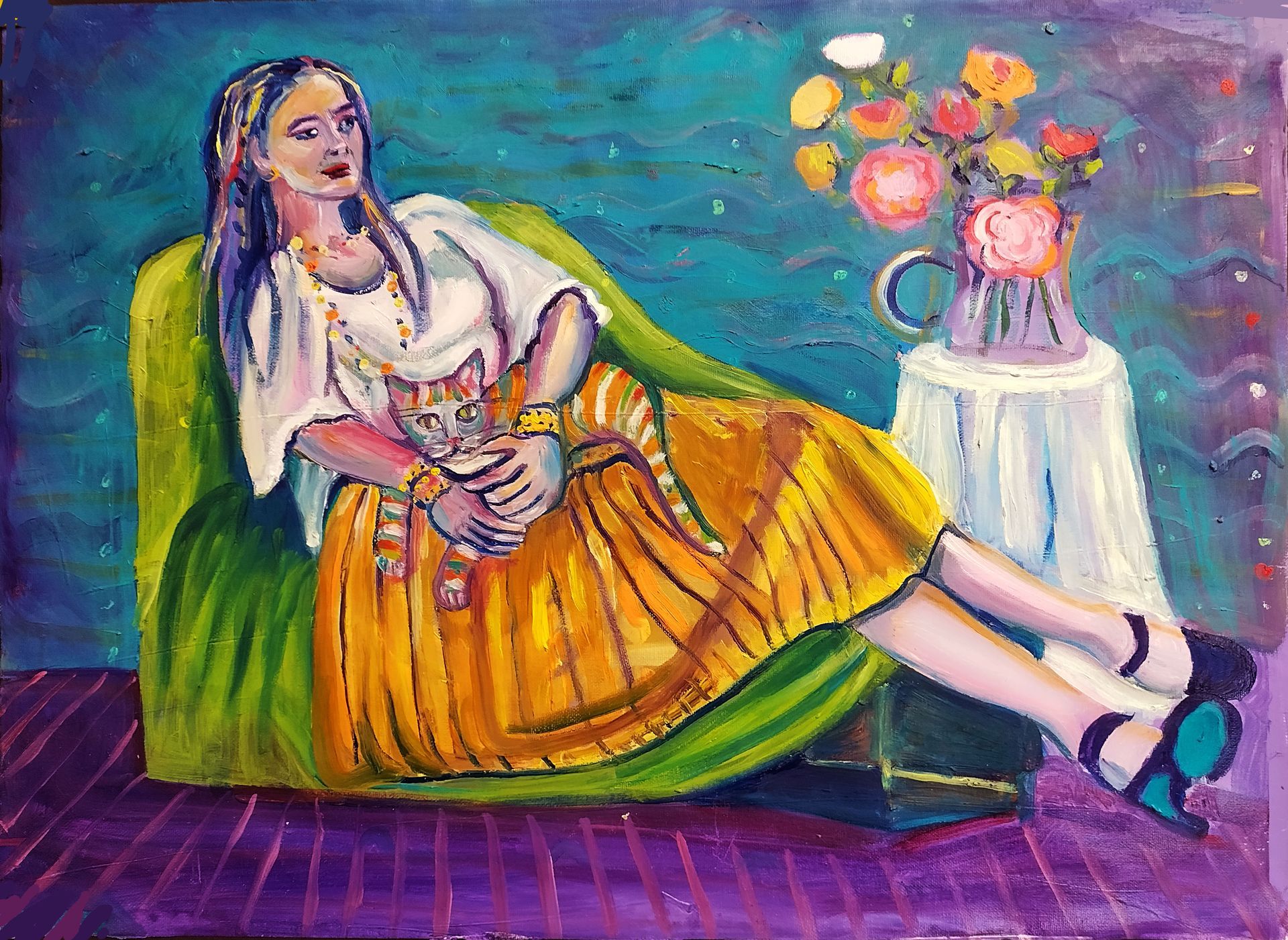 Woman reclining in green chair, holding cat, wearing yellow skirt, white blouse, and black shoes. Flowers and table nearby.